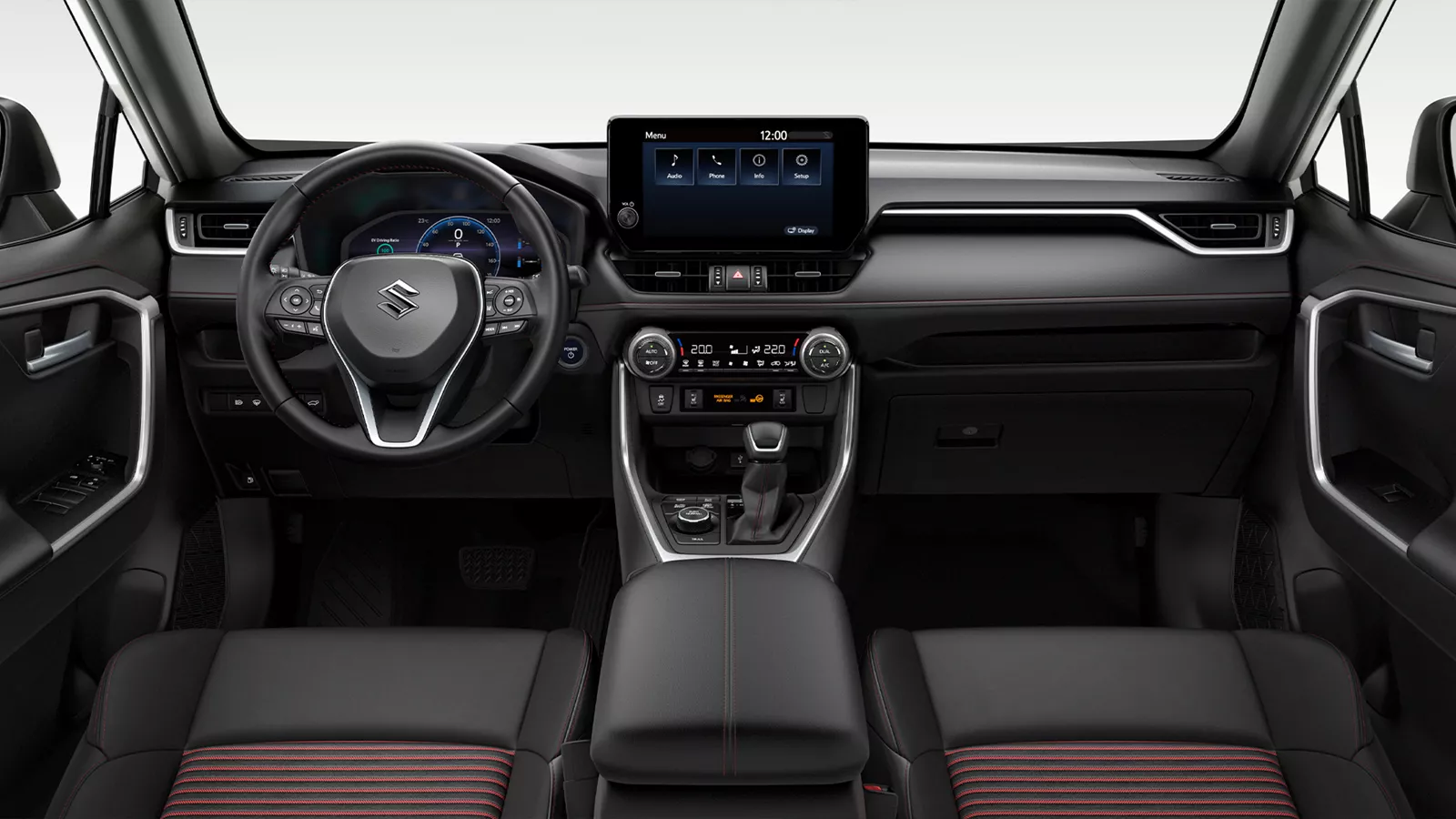 Interior view of Suzuki Across showcasing dashboard, steering wheel and infotainment screen.