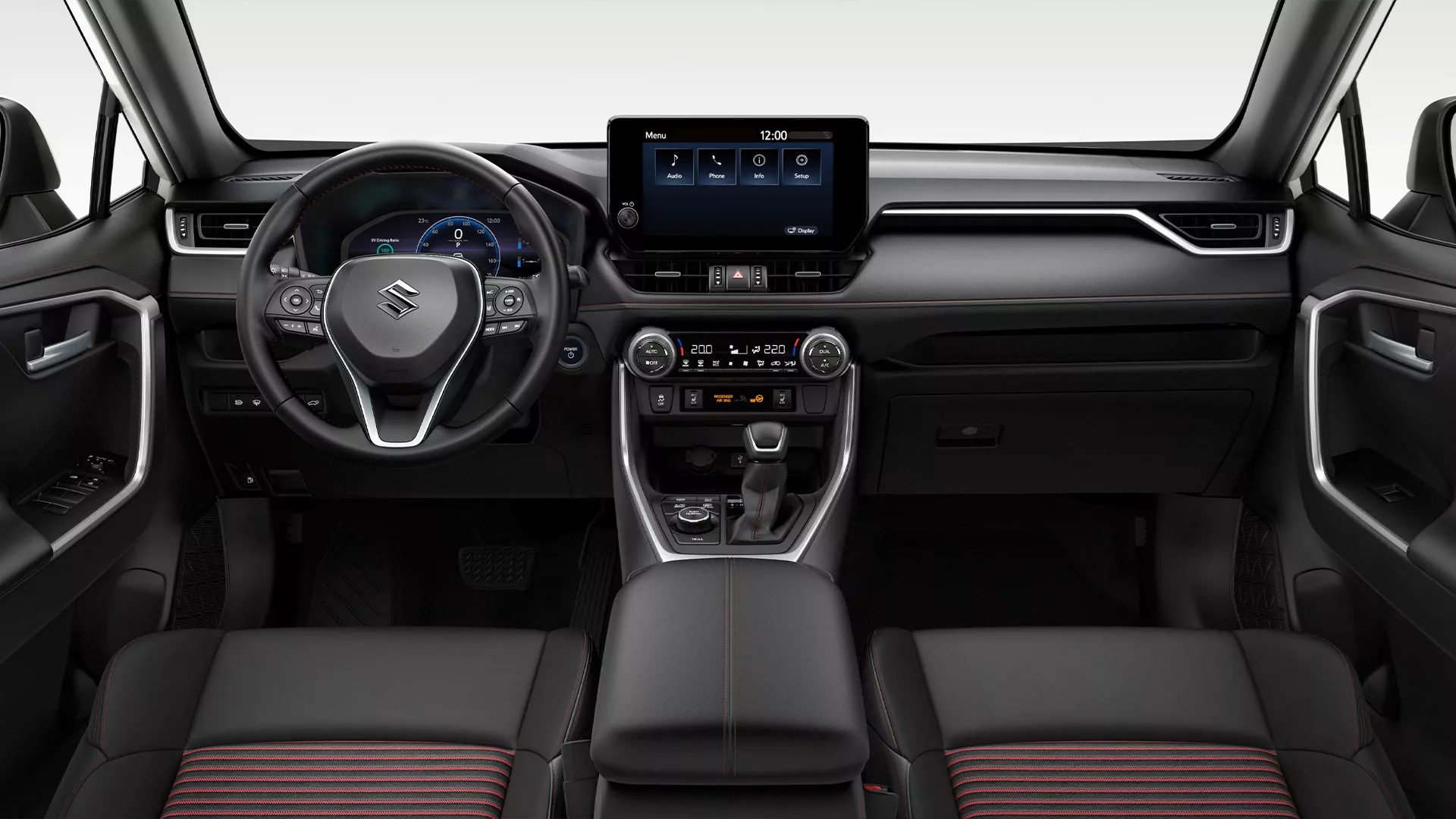 Interior view of Suzuki Across featuring digital multi-information display, touchscreen infotainment system, and leather seats with red stitching.