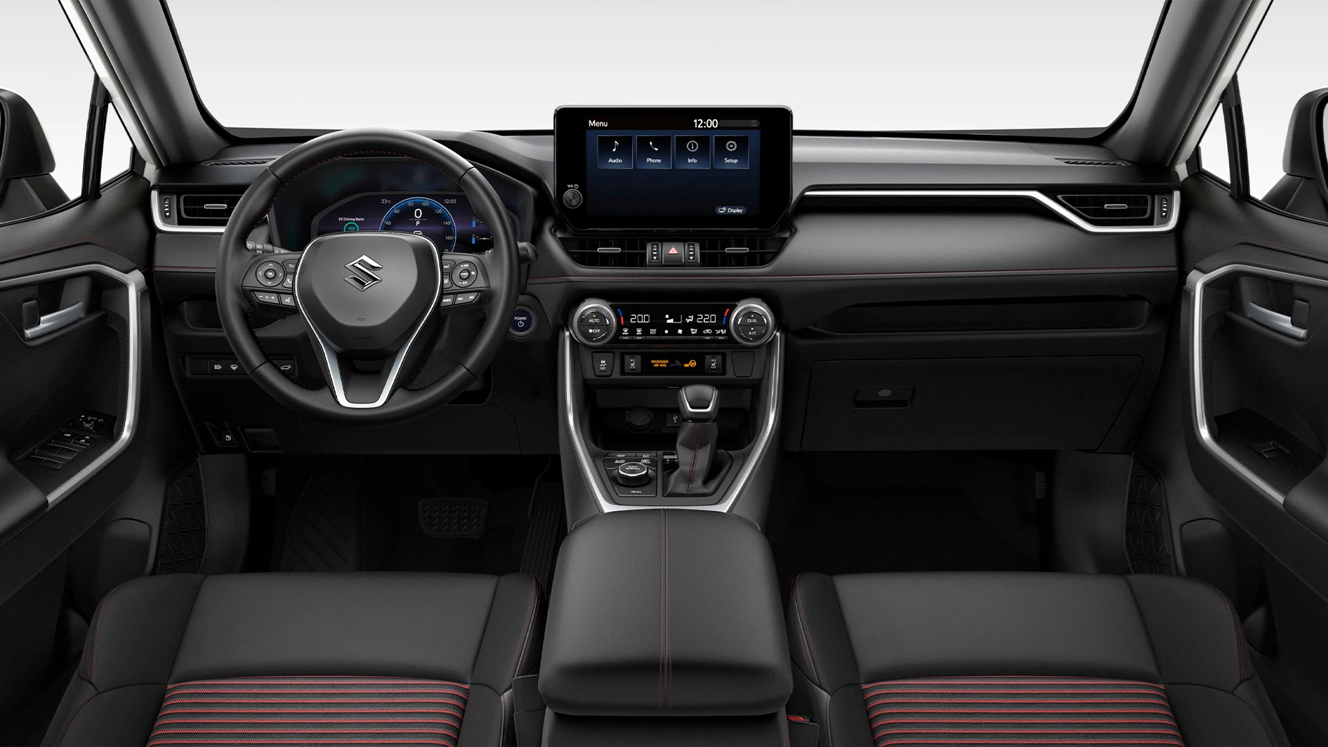 Interior view of Suzuki Across featuring digital multi-information display, touchscreen infotainment system, and leather seats with red stitching.