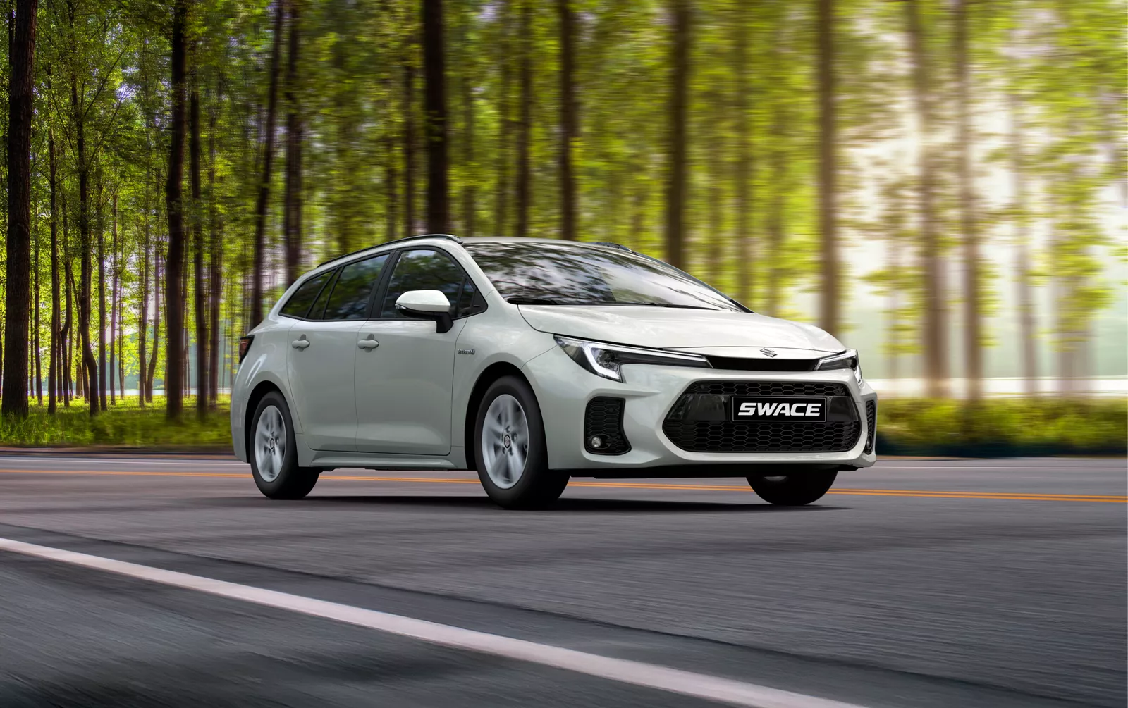 Suzuki Swace driving through a modern city, highlighting the vehicle's sophisticated design and urban practicality.
