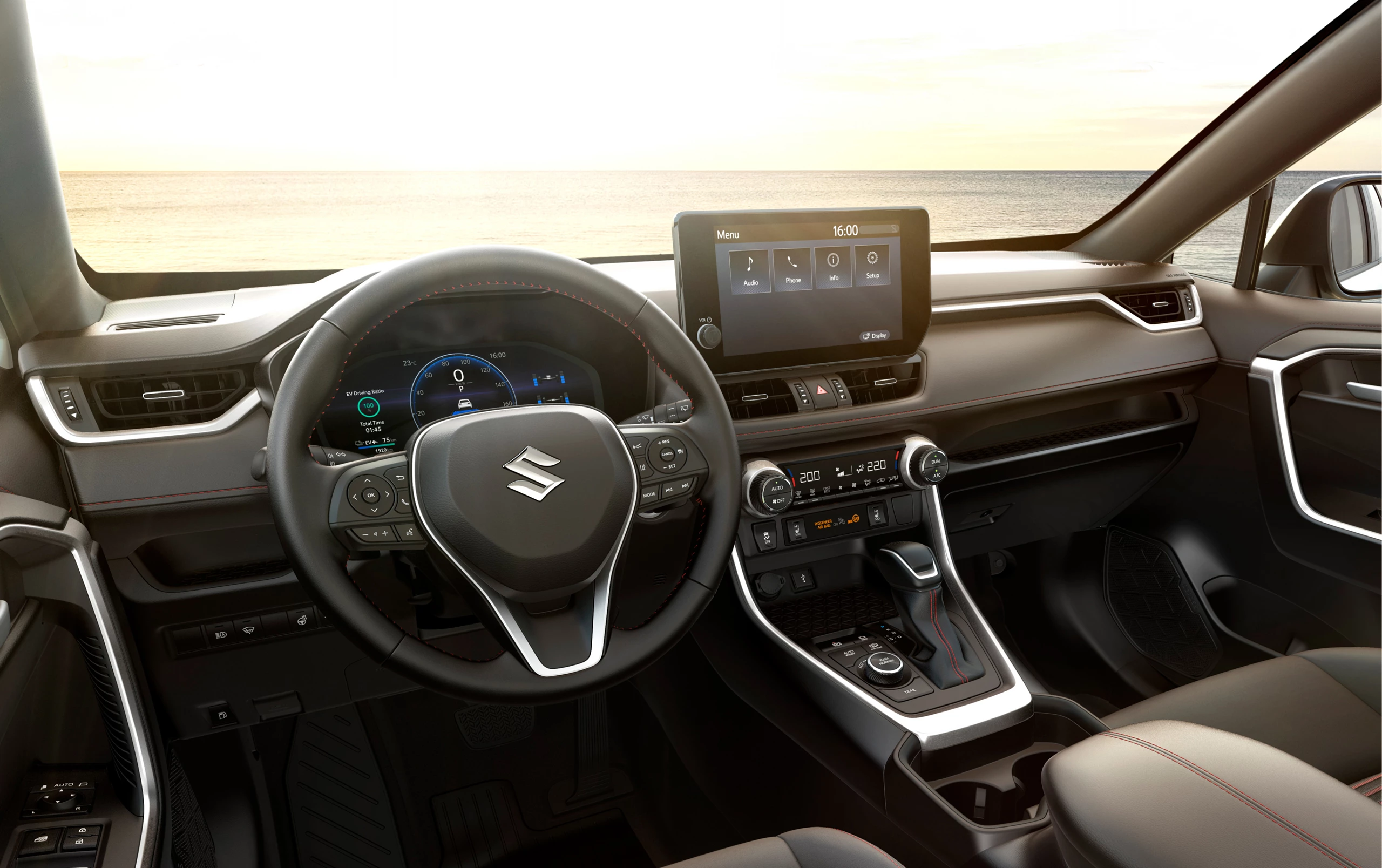 Interior view of the Suzuki Across showcasing the steering wheel, digital dashboard, and central infotainment screen with climate controls
