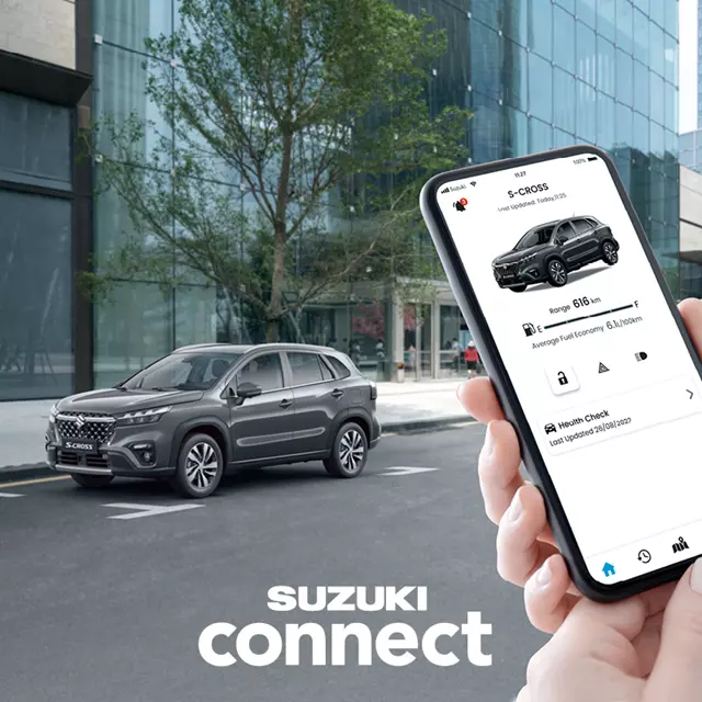 Suzuki S-Cross Connect App on phone screen, controlling a parked Suzuki S-Cross