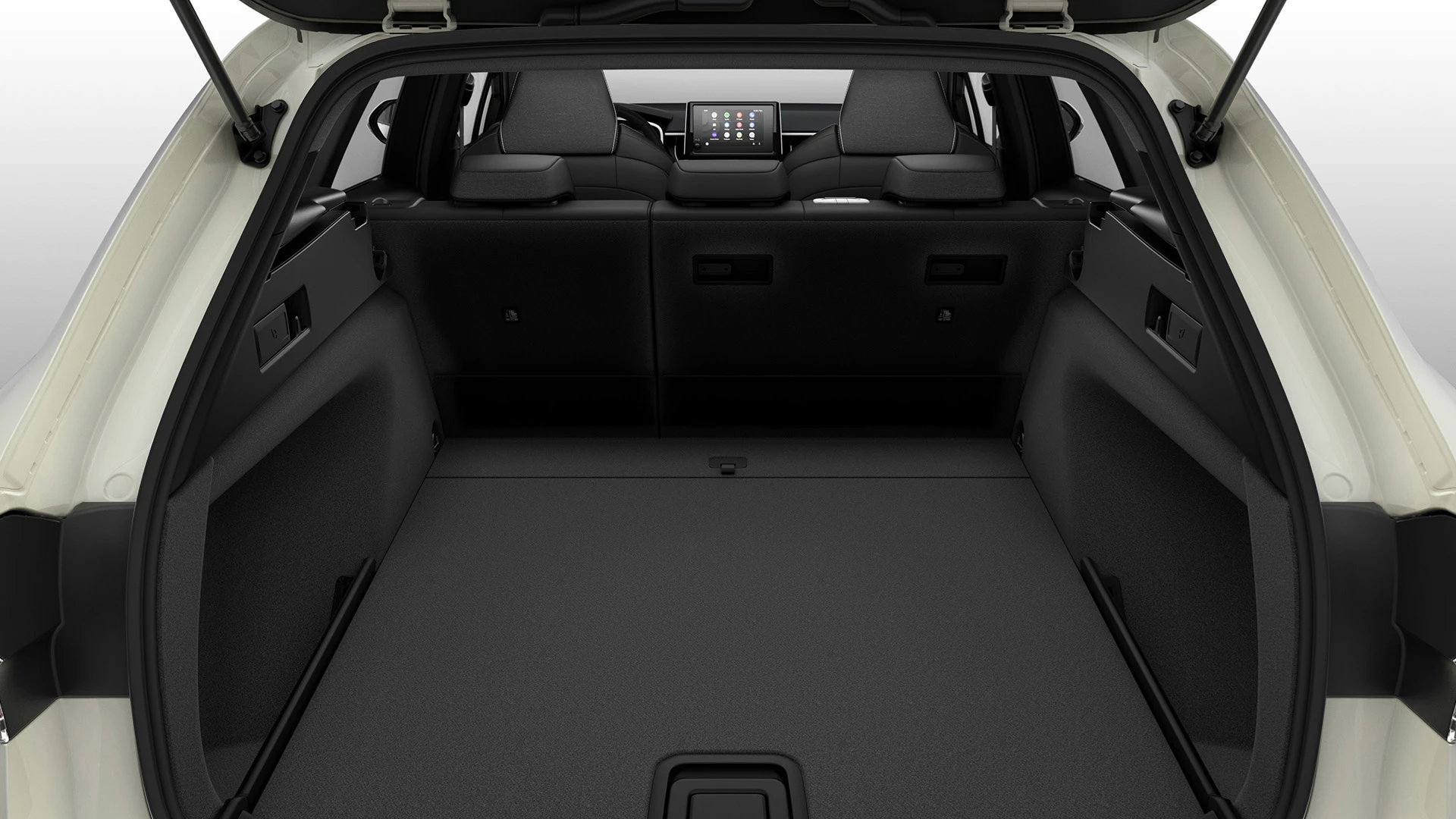 View of Suzuki Swace boot space showing 596-litre luggage capacity with rear seats folded, highlighting spacious interior for passengers and cargo.