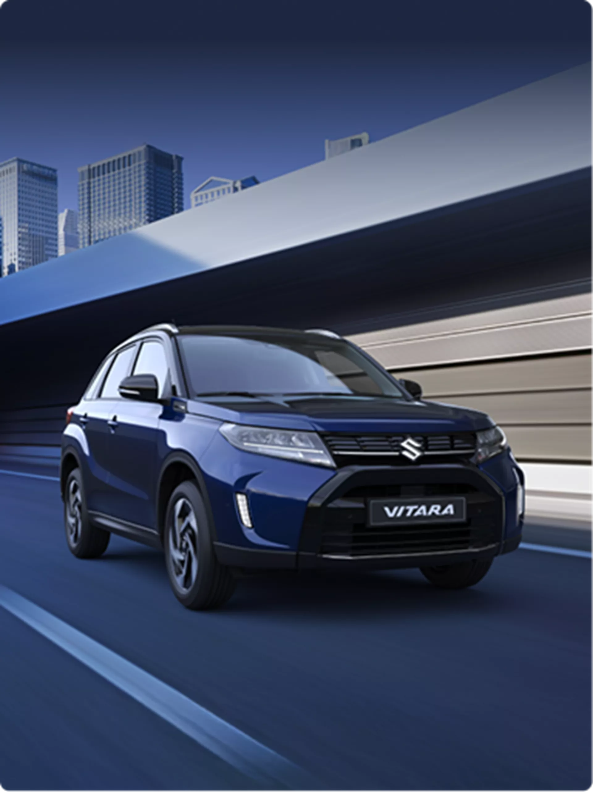 Front view of the Suzuki Vitara in Sphere Blue and Cosmic Black.