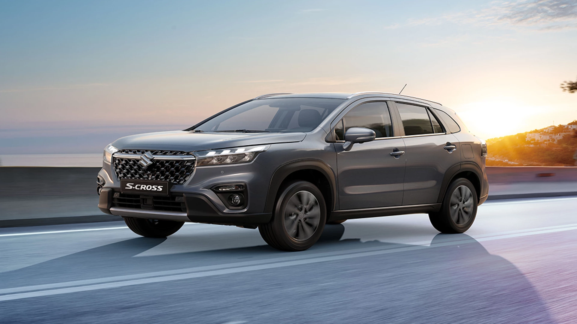 Suzuki S-Cross driving road sunset