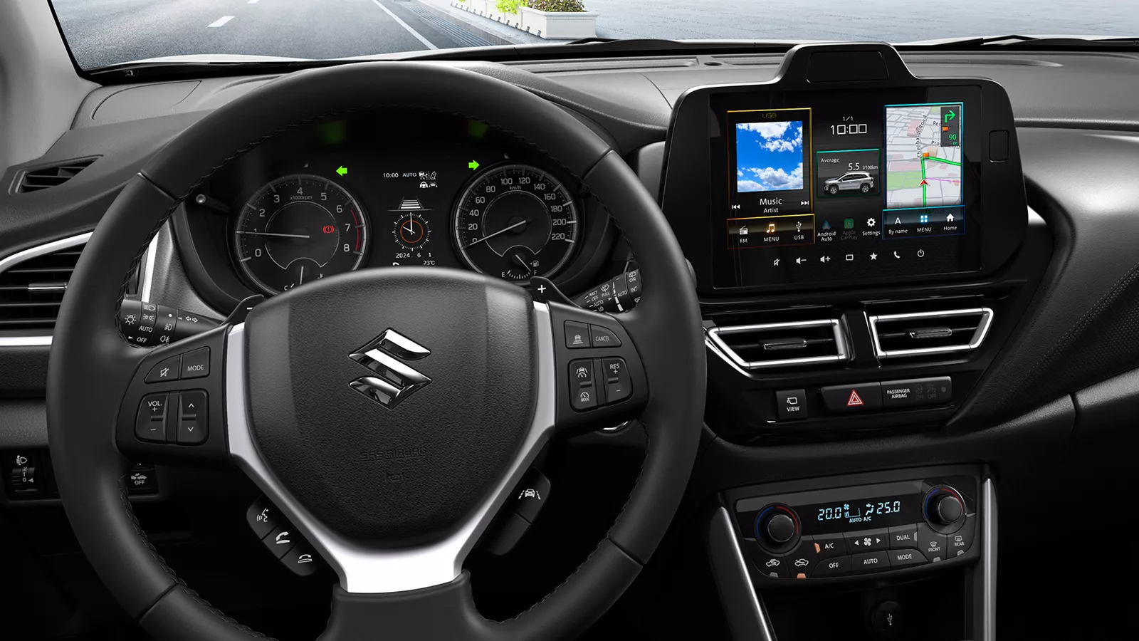 Interior view of the Suzuki S-Cross dashboard and steering wheel, featuring the infotainment system with a cityscape visible through the windscreen.