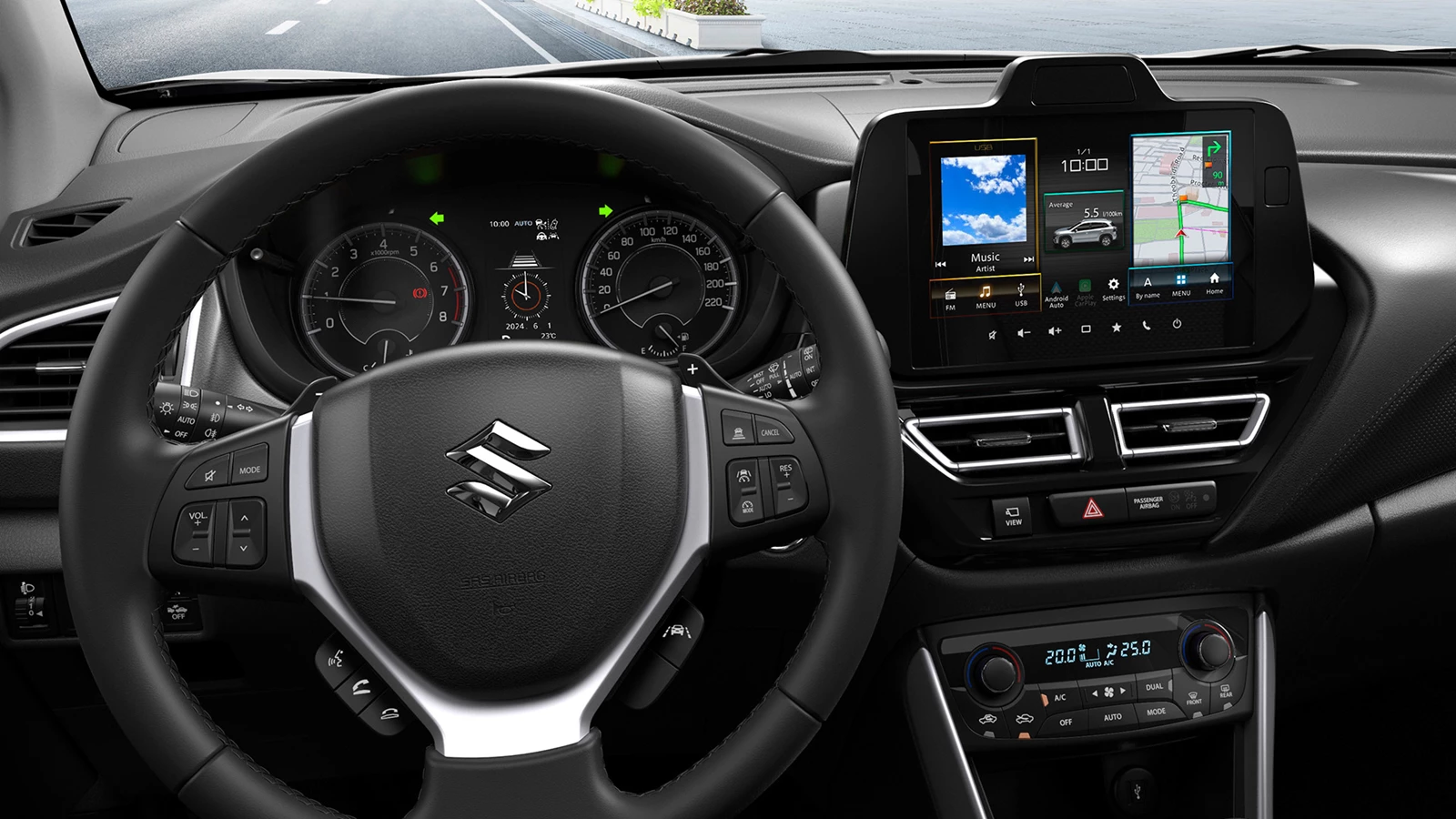 Interior view of the Suzuki S-Cross dashboard and steering wheel, featuring the infotainment system with a cityscape visible through the windscreen.