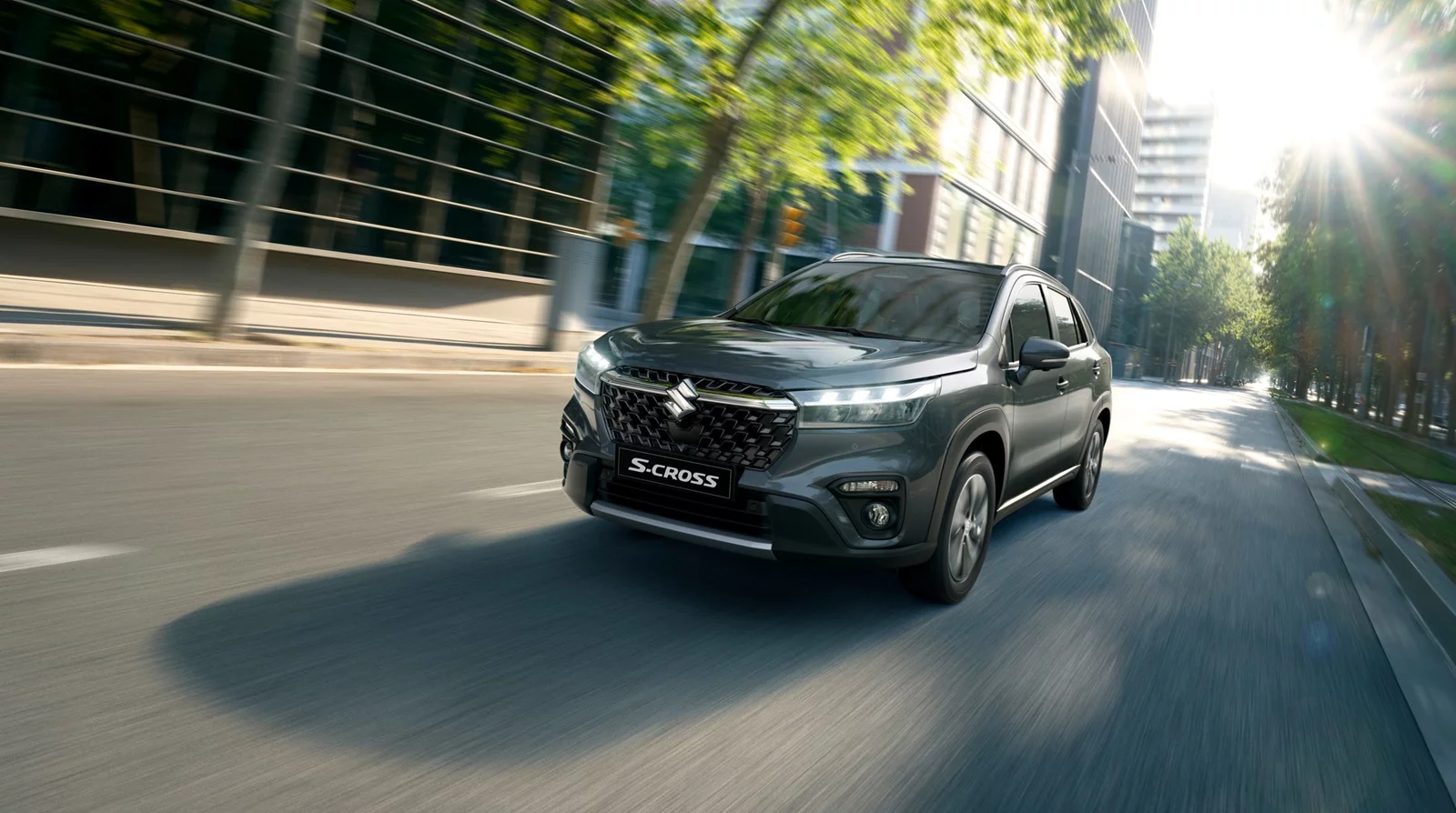 Suzuki S-Cross driving, front-side view highlighting its sleek design
