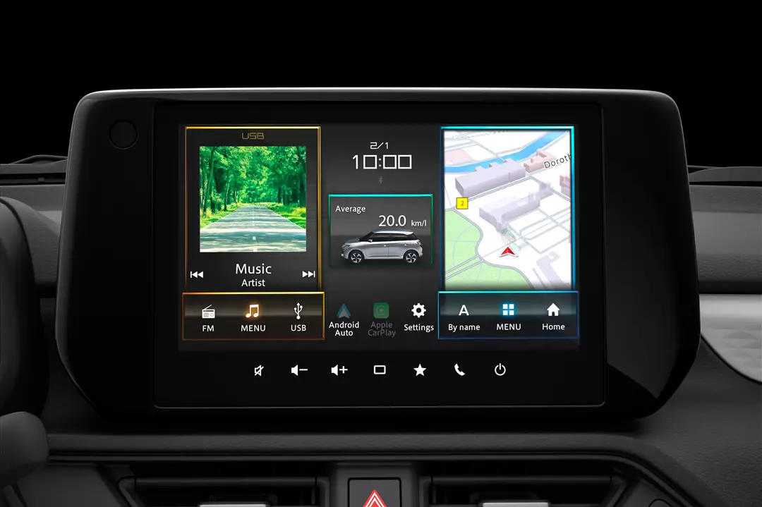 Swift infotainment displaying navigation and music apps