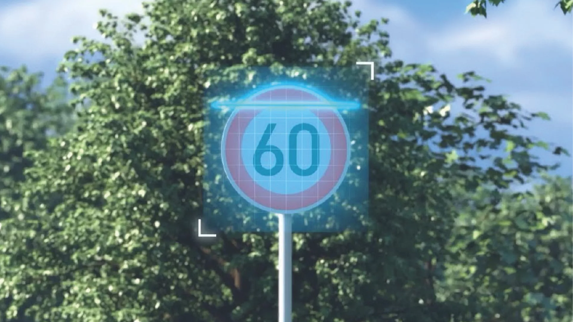 Close-up visual representation of Suzuki Swift's Traffic Sign Recognition system detecting a 60 km/h speed limit sign with digital overlay and targeting frame.