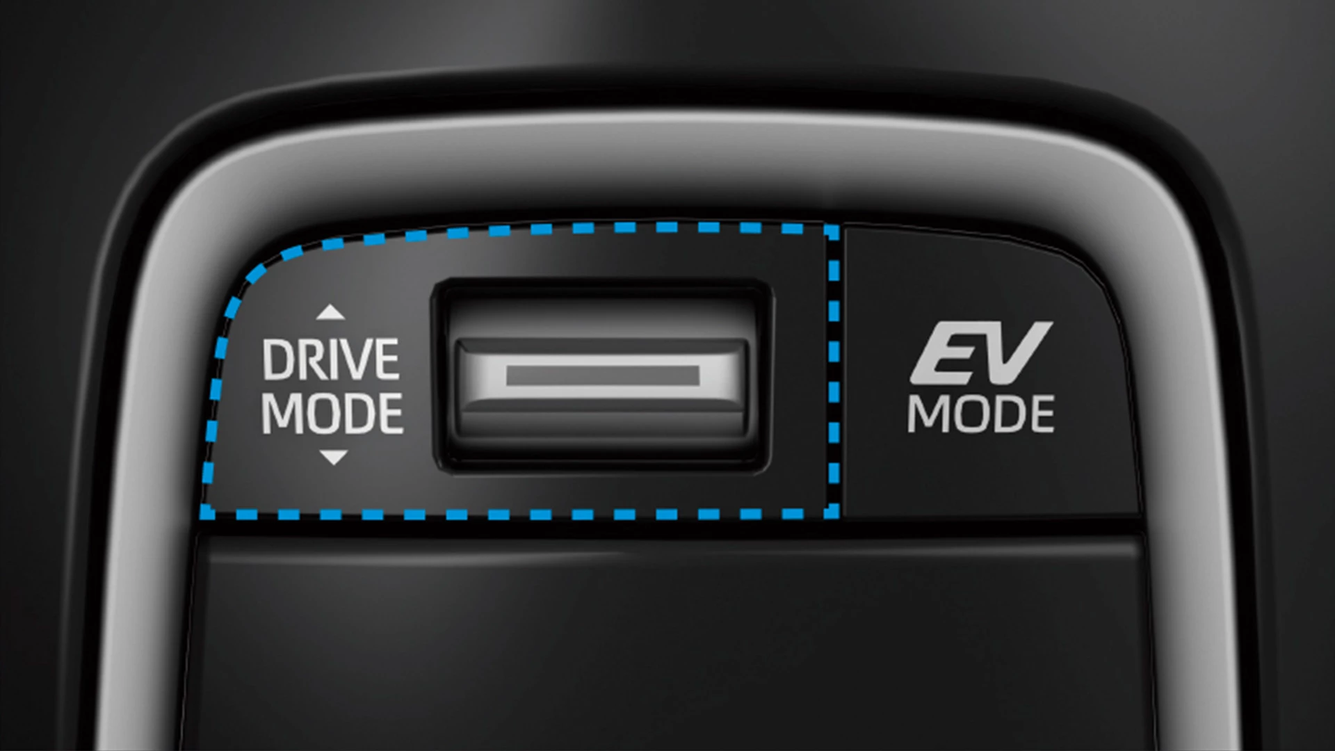 Close-up of Suzuki hybrid drive mode selector showing NORMAL, ECO, and SPORT options alongside EV Mode button.