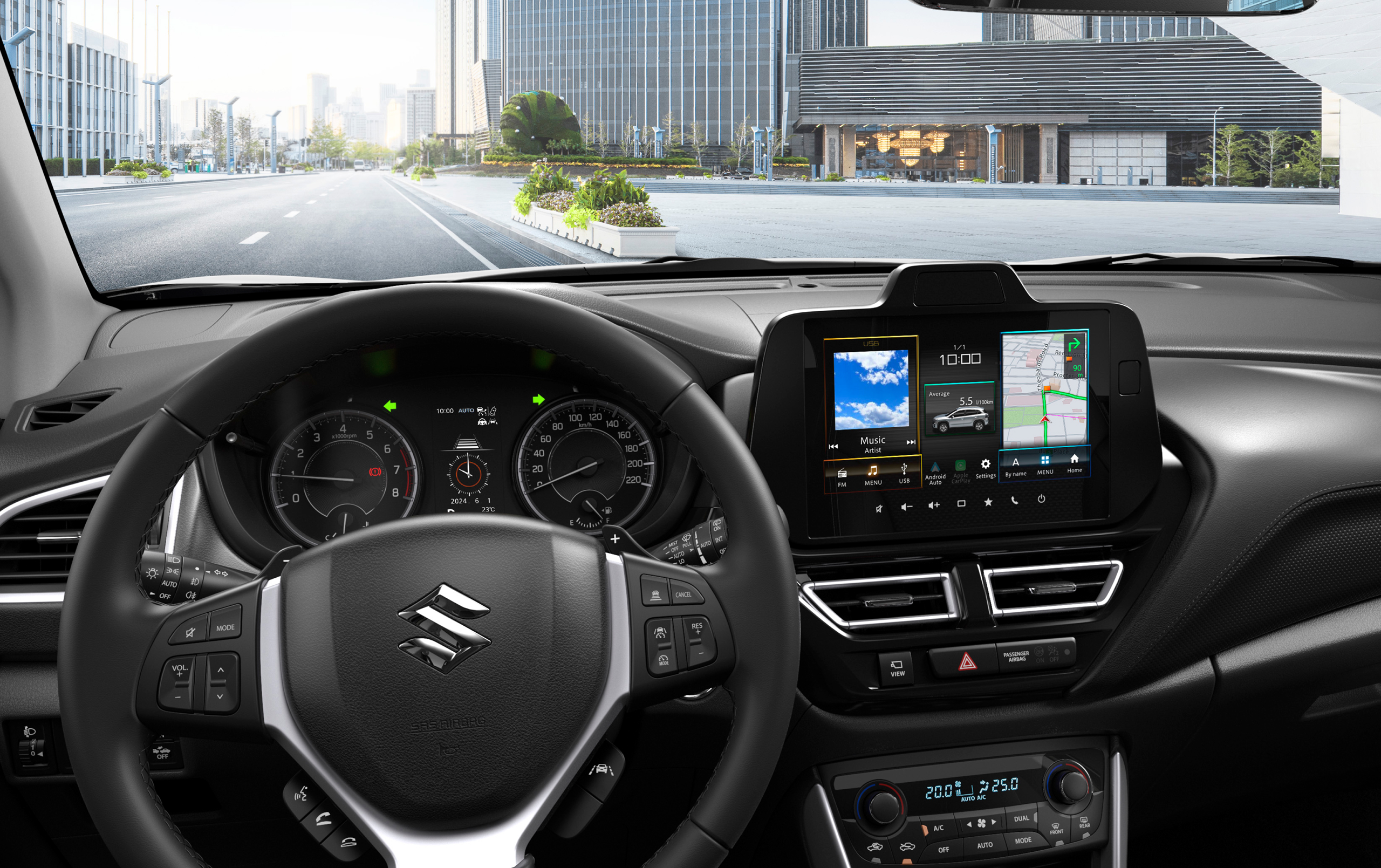Interior view of the Suzuki S-Cross showcasing the dashboard, multifunction steering wheel, central touchscreen display, and centre console with gear selector.