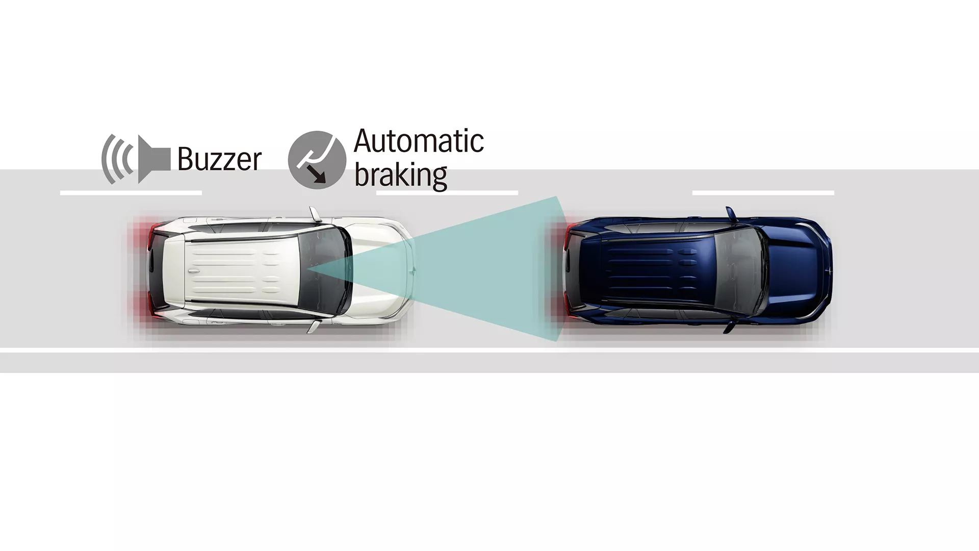 Illustration of the Suzuki Across activating its pre-collision system, showing sensor detection, buzzer warning, and automatic braking to avoid a potential frontal impact.