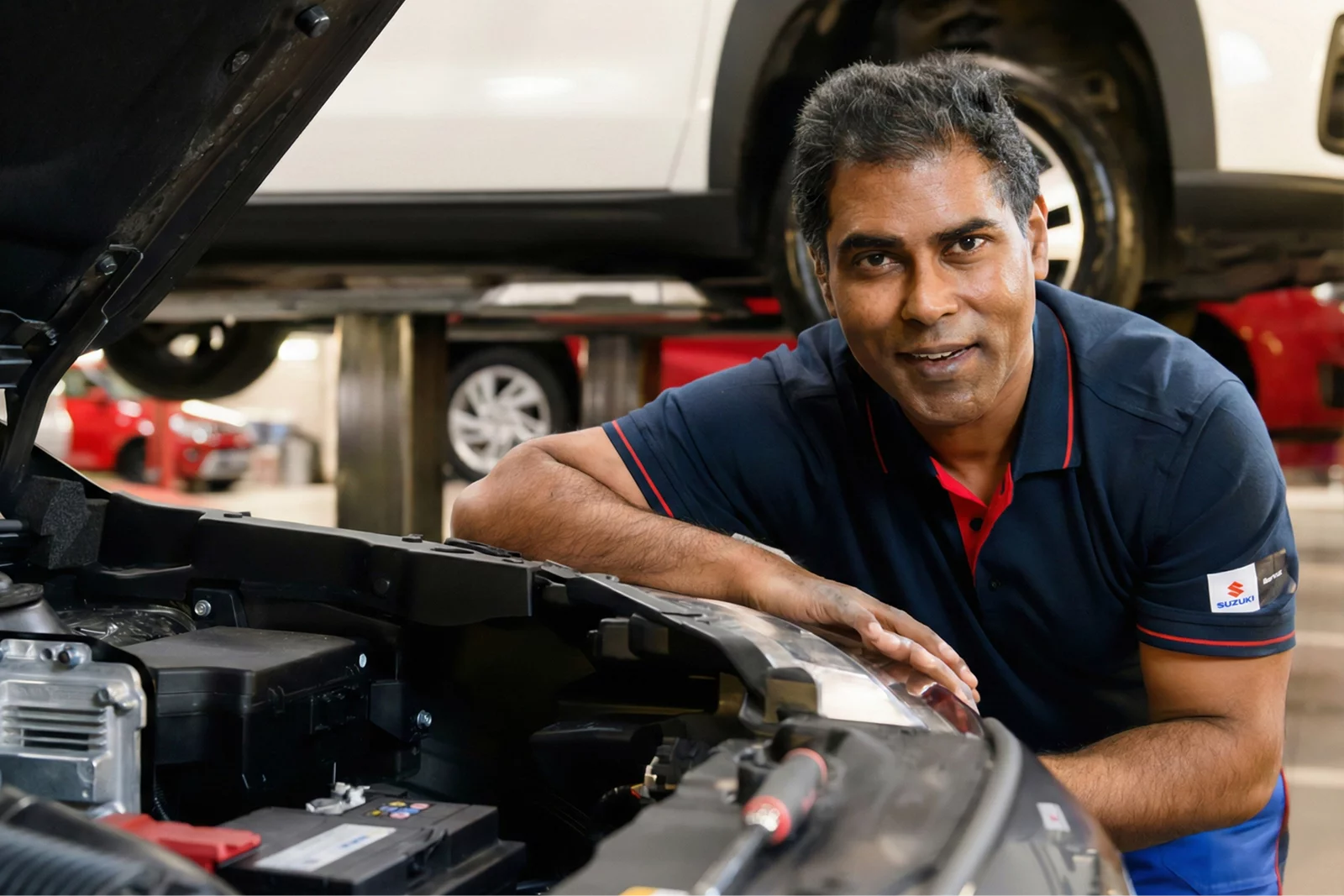 Suzuki technician inspecting a vehicle engine inside a workshop