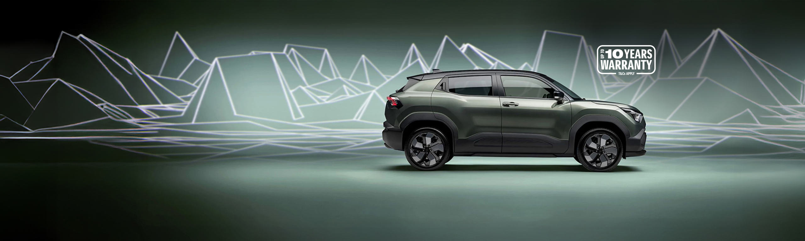Side view of the Suzuki e Vitrara in land breeze green pearl, displayed against a stylised digital backdrop with a 10-year warranty badge.