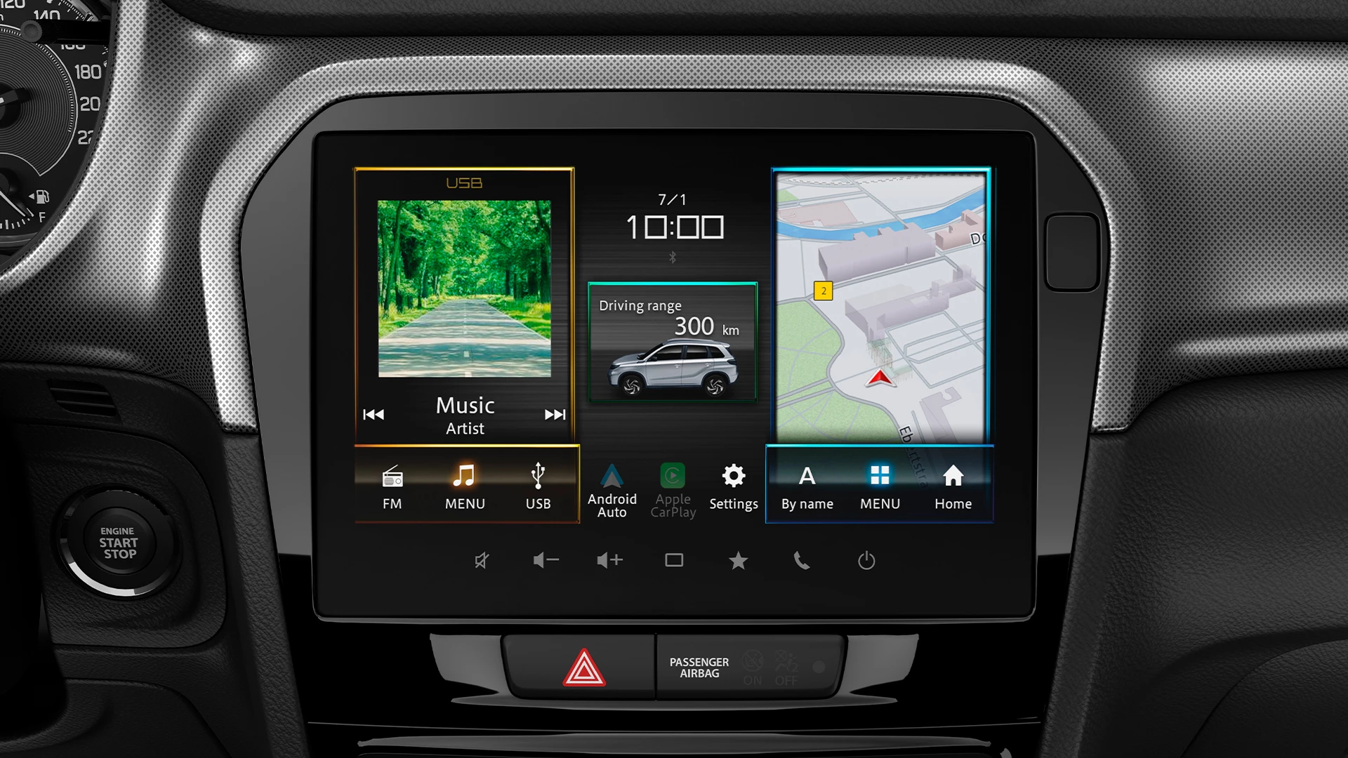 Close-up of the Suzuki Vitara’s 9-inch multimedia touchscreen display showing navigation, music playback, driving range, and smartphone connectivity options.